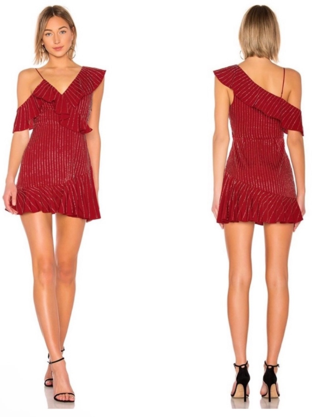 Lovers + Friends One-Shoulder Ruffle Asymmetrical Red Dress w Silver Beads, Sz S